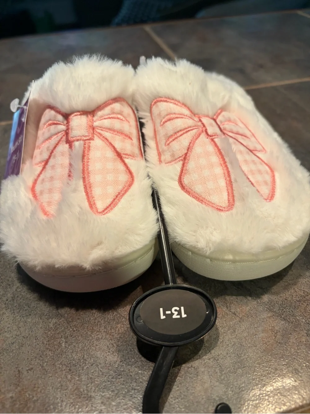 NWT Fuzzy White Slippers with Pink Bow Accent